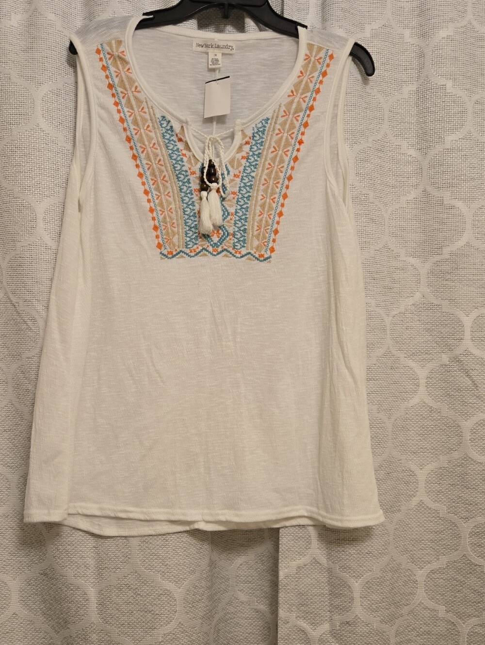 New York Laundry White Tank with Orange and Blue Embroidered Yoke